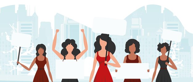 Un groupe de filles est sorti pour protester Bannière dans les tons bleus Illustration mignonne dans un style plat