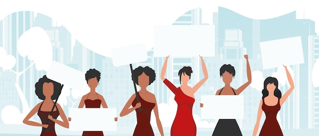 Un groupe de filles est sorti pour protester Bannière dans les tons bleus Vecteur en style cartoon