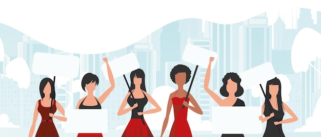 Un groupe de filles est sorti pour protester contre la bannière dans les tons bleus Illustration vectorielle
