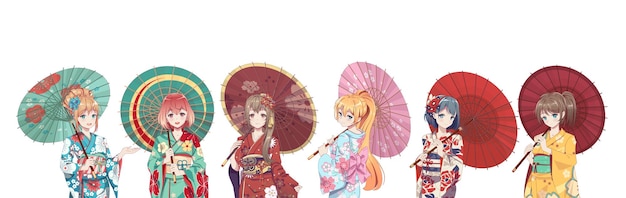 Vecteur groupe de filles manga anime en kimono tenant un parapluie en papier