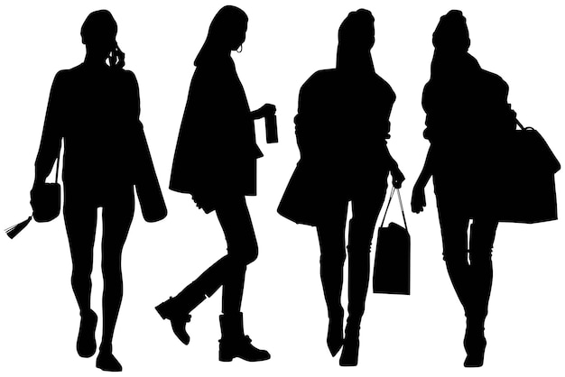 Vecteur groupe des filles de silhouette d'affaires à la mode avec un sac