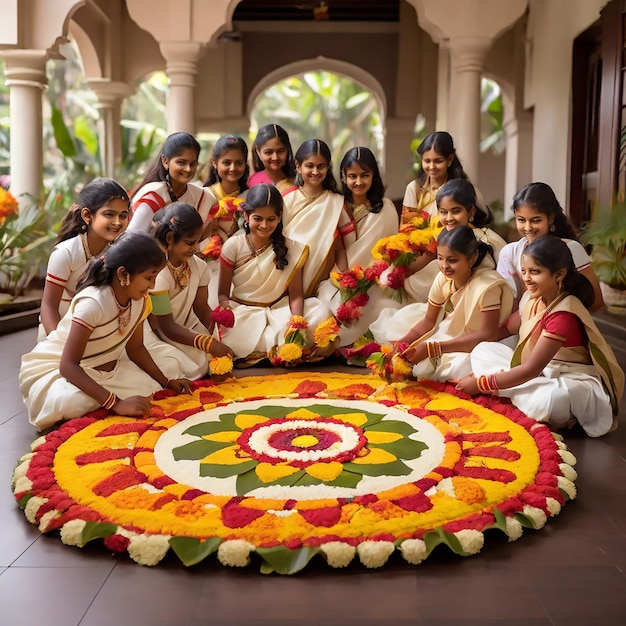 Un Groupe De Filles Sont Assises Sur Un Sol Avec Des Fleurs Autour D'elles