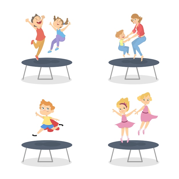 Groupe De Garçons Et De Filles Sautant Sur Le Trampoline. Activité D'été. Les Enfants Heureux S'amusent. Illustration En Style Cartoon