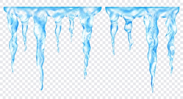 Groupe de glaçons réalistes bleu clair translucides de différentes longueurs connectés en haut