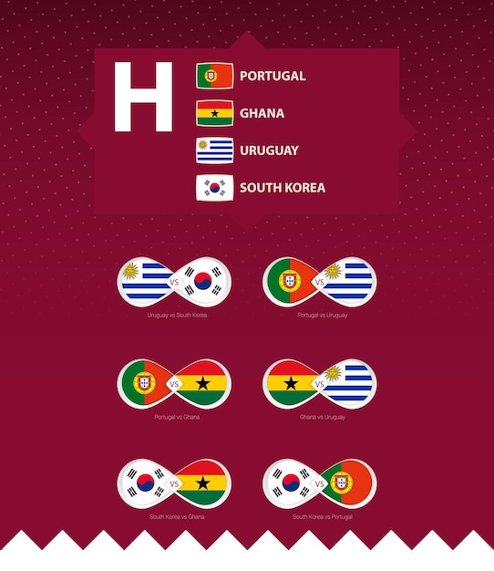 Vecteur groupe h de drapeaux de tournoi de football et jeu d'icônes de match