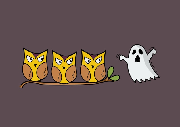 Groupe de hiboux regardant Ghost Doodle style Happy Halloween carte de voeux illustration vectorielle