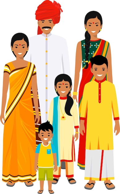 Vecteur groupe d'hommes et de femmes indiens de différents âges debout ensemble dans des vêtements nationaux traditionnels