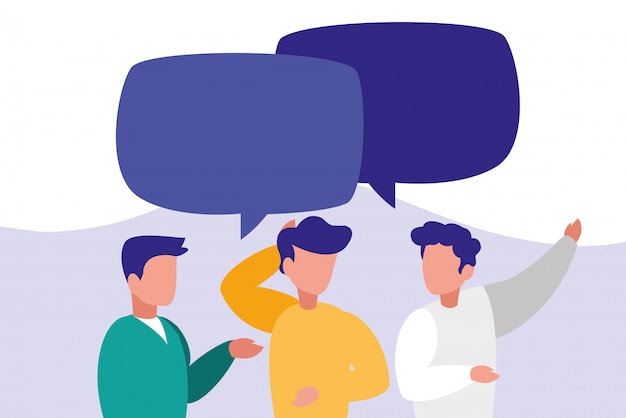 Groupe d'hommes parlant des personnages