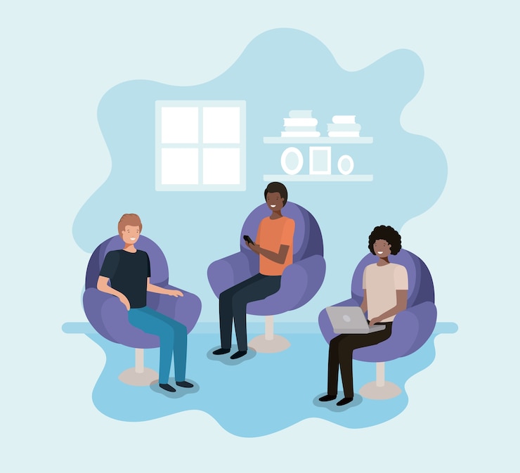 Vecteur groupe d&#39;hommes utilisant la technologie dans le salon