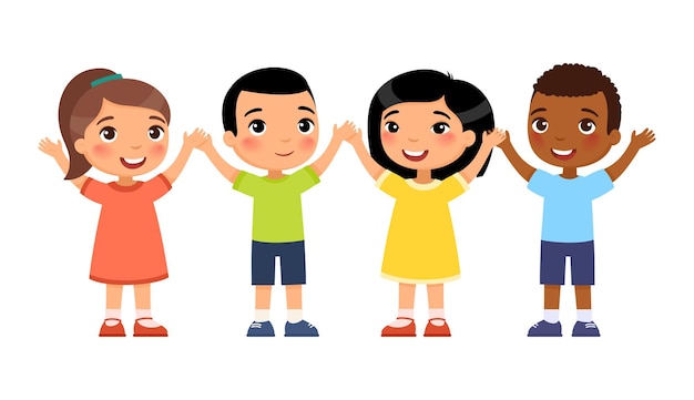 Groupe International De Jeunes Enfants Heureux Le Concept De Vacances Pour Enfants Personnages De Dessins Animés Mignons