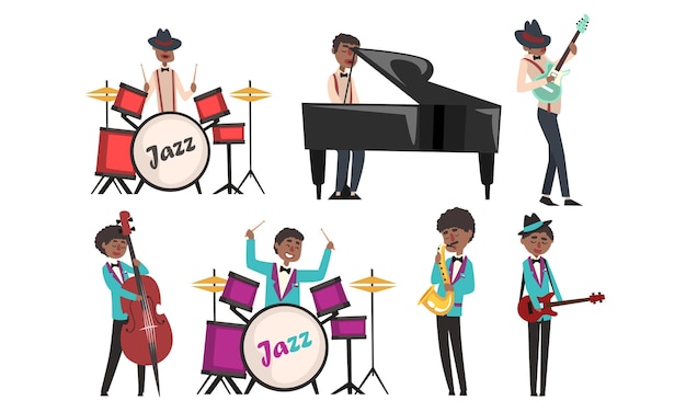 Vecteur groupe de jazz musicien et chanteurs afro-américains chantant et jouant de différents instruments de musique illustration vectorielle