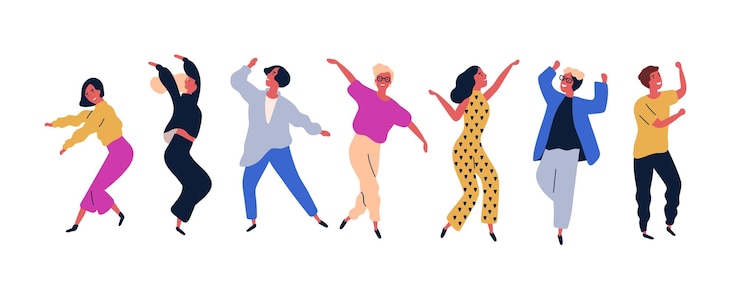 Vecteur groupe de jeunes danseurs heureux ou de danseurs masculins et féminins isolés sur fond blanc. jeunes hommes et femmes souriants profitant d'une soirée dansante. illustration vectorielle colorée en style cartoon plat.
