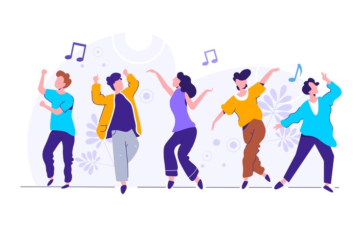 Vecteur groupe de jeunes danseurs heureux ou de danseurs masculins et féminins isolés sur fond blanc. souriant