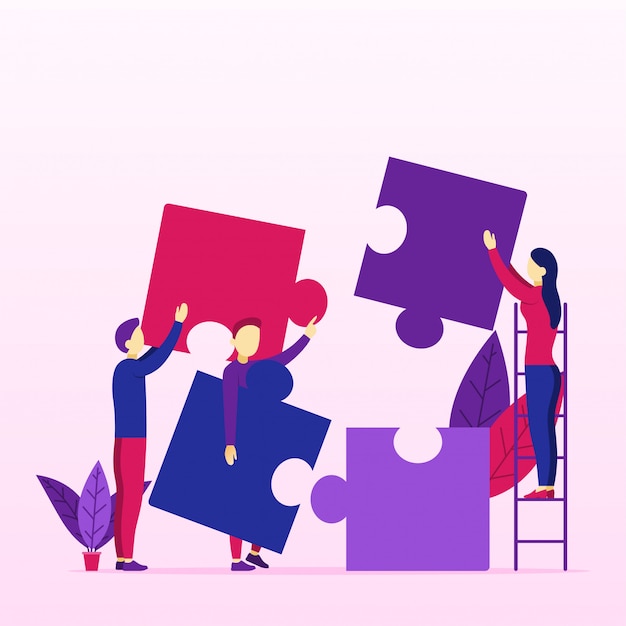 Groupe de jeunes gens d'affaires qui résolvent le problème avec le puzzle