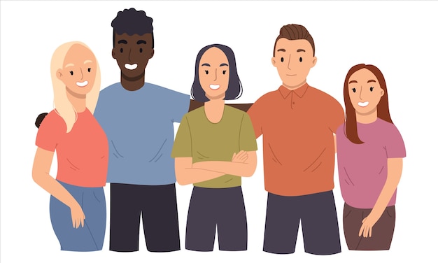 Un groupe de jeunes gens heureux étreignant.
