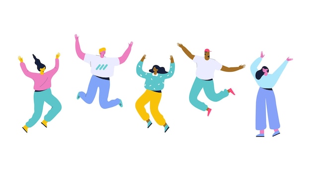 Vecteur groupe de jeunes gens heureux qui rient en sautant avec les mains levées personnages de dessins animés plats vectoriels