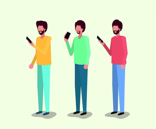 groupe de jeunes hommes à l&#39;aide de smartphone