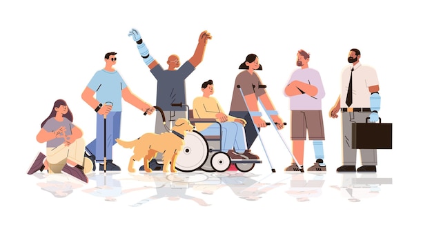 groupe de jeunes hommes et femmes handicapés debout ensemble se sentant positifs et confiants concept de personnes handicapées illustration vectorielle horizontale