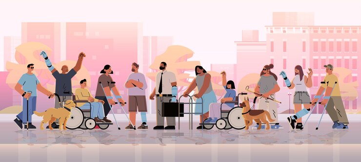 Vecteur groupe de jeunes hommes et femmes handicapés debout ensemble se sentant positifs et confiants personnes handicapées concept paysage urbain fond illustration vectorielle horizontale