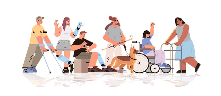 Vecteur groupe de jeunes hommes et femmes handicapés se sentant ensemble, se sentant positifs et confiants, concept de personnes handicapées