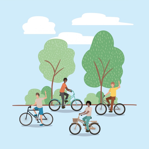 groupe de jeunes hommes en vélo sur parc