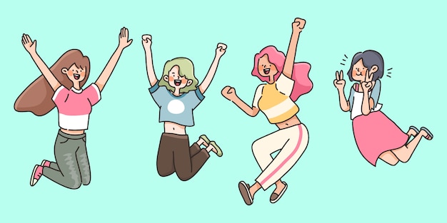Vecteur groupe de jeunes jeunes filles sautant célébration de la journée de la jeunesse filles heureuses posent