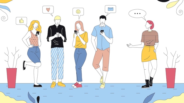 Un Groupe De Jeunes Personnages Masculins Et Féminins à L'aide De Leurs Smartphones, Une Fille Les Regarde En Les Interrogeant. Illustration Vectorielle Colorée Avec Contour. Composition Linéaire Du Concept De Réseautage Social.