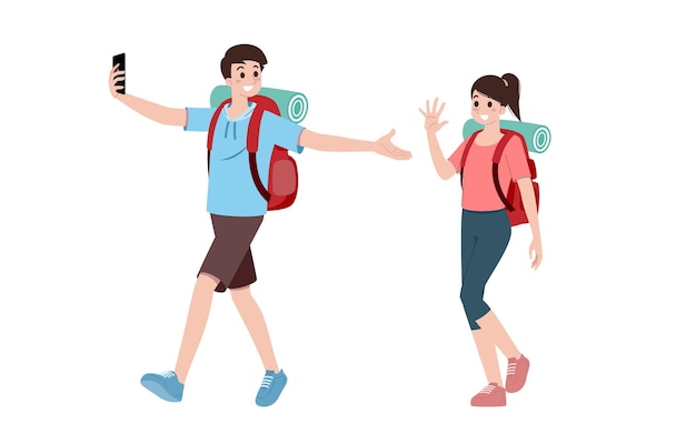 Groupe de jeunes personnages touristiques Touristes itinérants avec sac à dos de voyage partant en vacances après la diminution du virus covid19 Personnes de vacances vecteur isolé Personnage d'été femme et homme