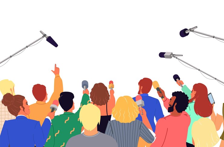 Vecteur groupe de journalistes tenant un microphone participant à une conférence