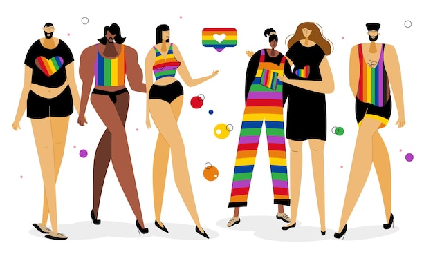 Vecteur le groupe lgbtq femme et homme vêtements arc-en-ciel célébrations pride day défilé lgbt arrêtez l'homophobie