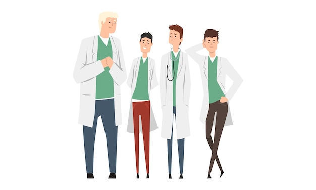 Vecteur groupe de médecins ou d'étudiants en médecine cheerful set pratiquant des stagiaires debout ensemble illustration vectorielle de style dessin animé
