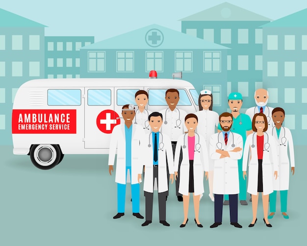 Groupe De Médecins Et D'infirmières Et Voiture D'ambulance Rétro Sur Fond De Paysage Urbain. Employé Des Services Médicaux D'urgence.