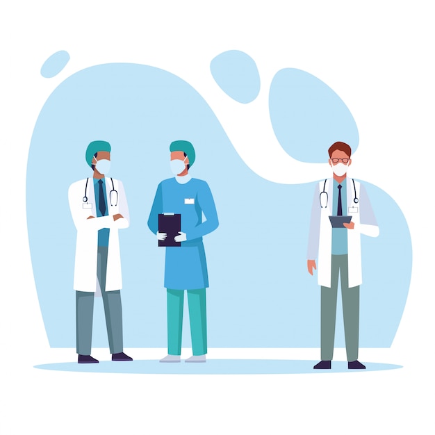 Groupe de médecins portant des personnages de masques médicaux