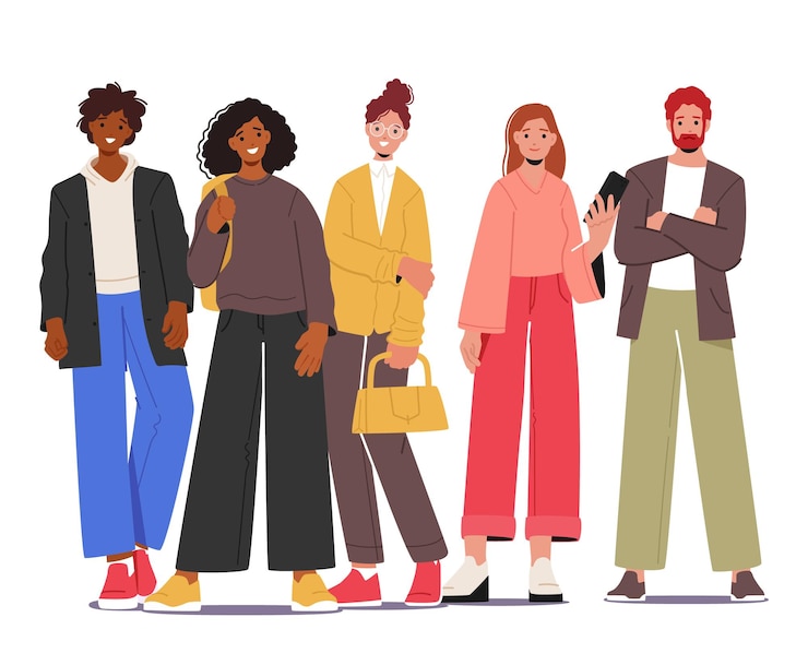 Vecteur groupe multinational de personnes heureuses isolé sur fond blanc jeunes personnages masculins et féminins dans des vêtements décontractés