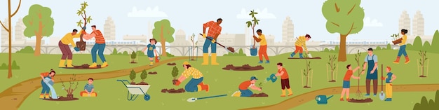 Vecteur groupe multiracial d'adultes et d'enfants travaillant dans un jardin communautaire
