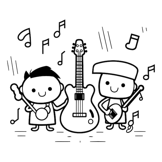 Vecteur groupe musical jouant de la guitare et de la guitarre acoustique dessin animé illustration vectorielle conception graphique