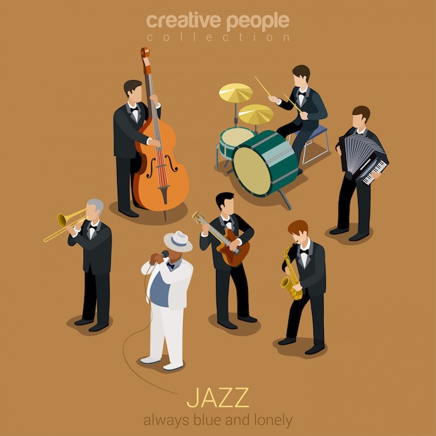 Groupe De Musique Jazz Plat Isométrique, Illustration Personnes Jouant Sur Des Instruments Concert De Scène De Blues.