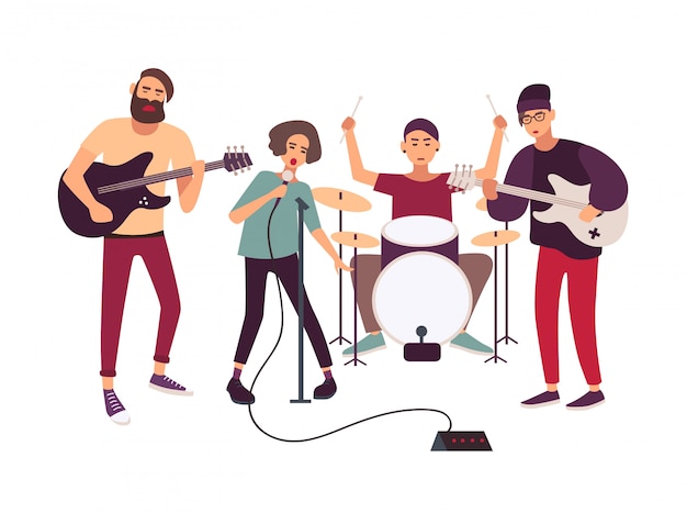 Groupe de musique rock indépendant sur scène ou en répétition.