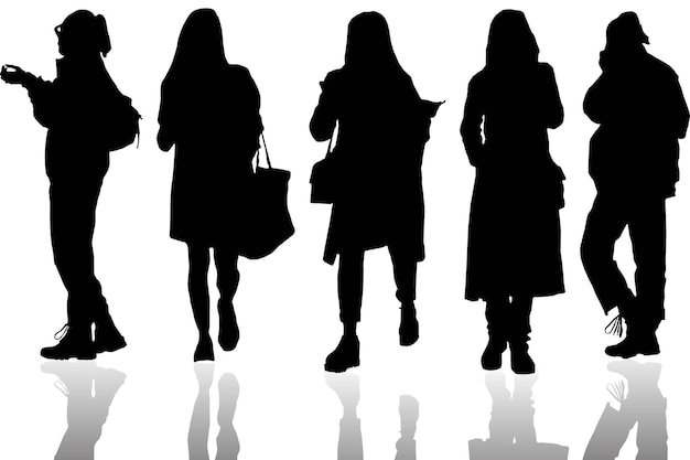 Vecteur groupe, de, noir, silhouettes, affaires, jeunes femmes