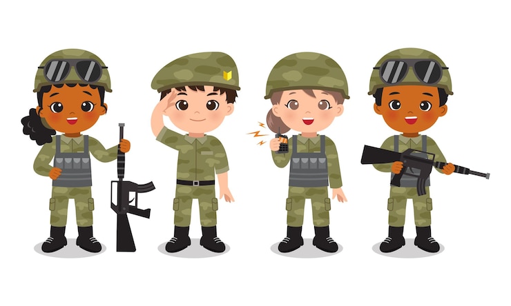 Vecteur groupe d'officier soldat mignon en uniforme de camouflage
