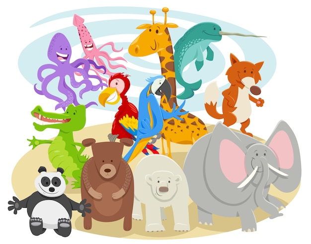 Vecteur groupe de personnages d'animaux sauvages de dessin animé heureux