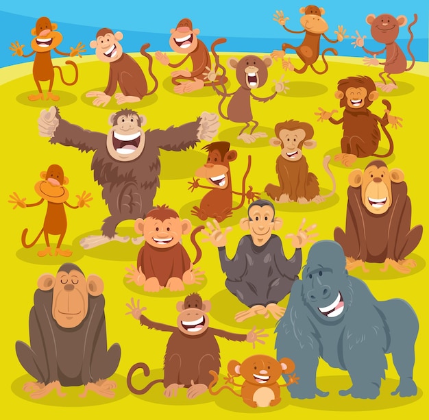 Groupe De Personnages Animaux Singes Et Singes De Dessin Animé Heureux