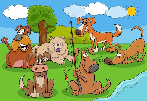 Groupe De Personnages Drôles De Chiens Et Chiots De Dessin Animé Au Bord De La Rivière