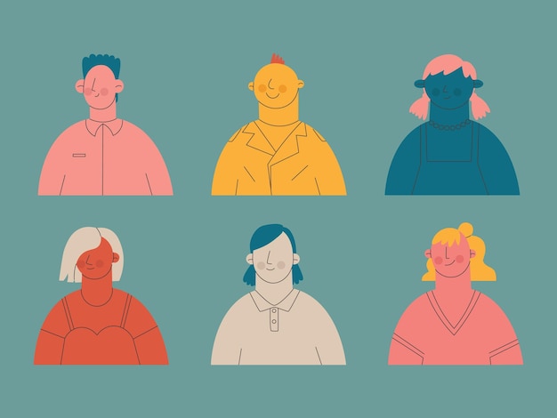 Groupe de personnages féminins et masculins Avatars d'hommes et de femmes Conception pour bannière de médias sociaux Illustration vectorielle dessin à la main EPS 10