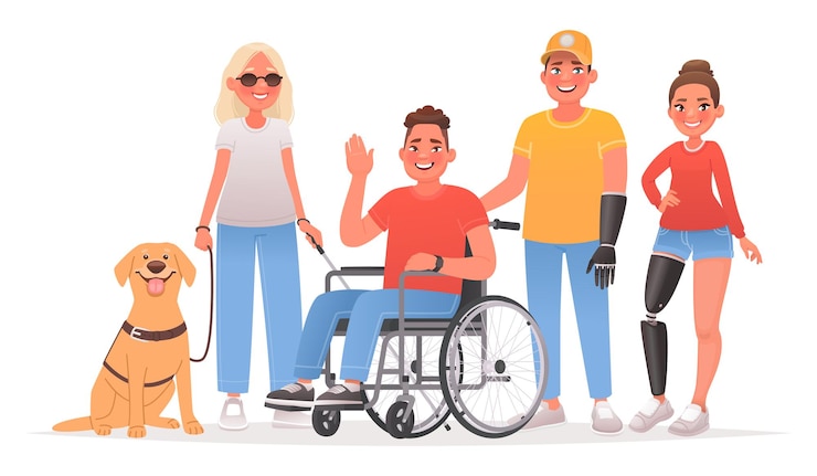 Vecteur groupe de personnages handicapés handicap femme aveugle avec un chien-guide en fauteuil roulant
