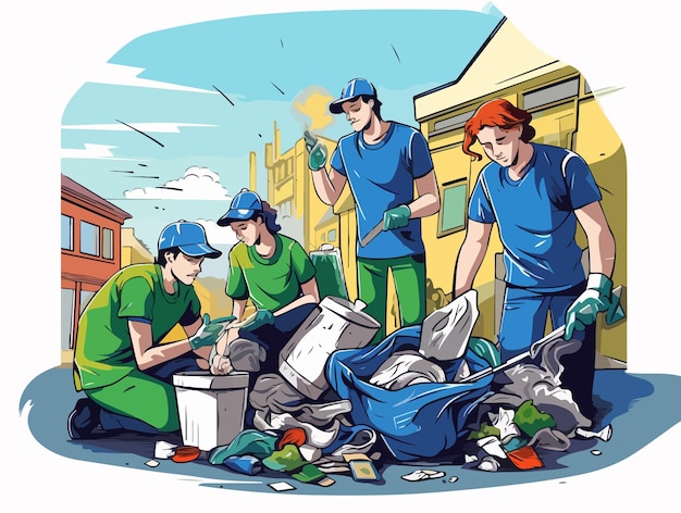 Vecteur un groupe de personnages nettoyant les ordures