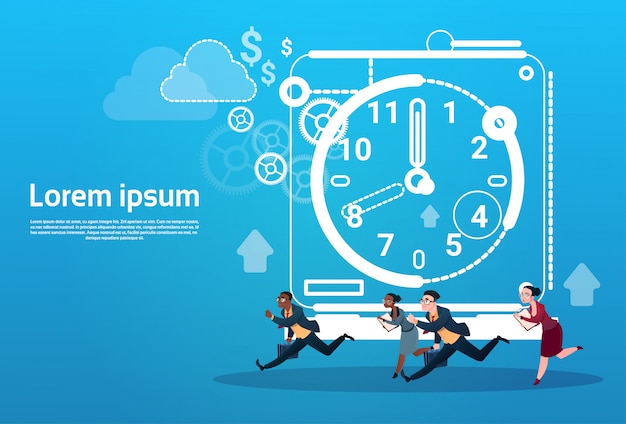 Vecteur groupe de personnes d'affaires run clock businesspeople time deadline concept