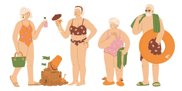 Vecteur un groupe de personnes âgées heureuses en maillot de bain sur la plage un style de vie sain relaxation au bord de la mer fête pour les retraités illustration vectorielle isolée sur fond transparent