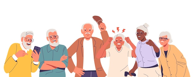 Groupe de personnes âgées montrant des expressions agressives Personnages masculins et féminins âgés