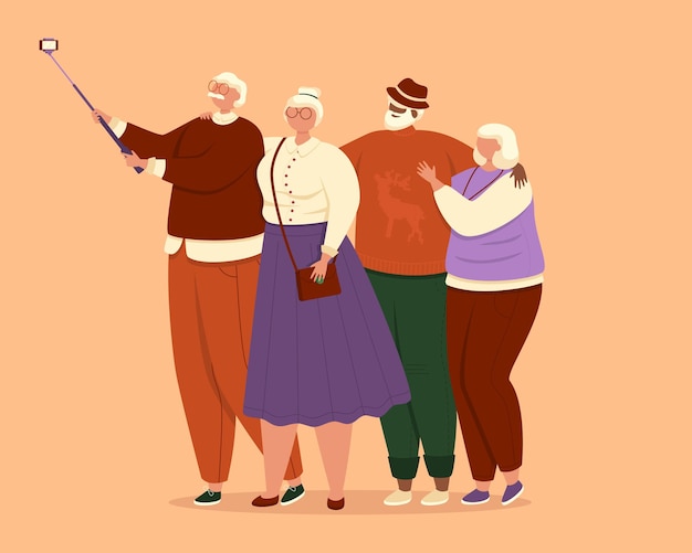 Vecteur groupe de personnes âgées prenant un selfie ensemble illustration sur fond orange clair
